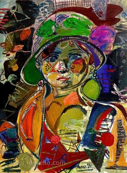 ART CONTEMPORAIN. Jose Manuel Merello.-Girl with hat green (73 x 54 cm) Mix media sur toile
