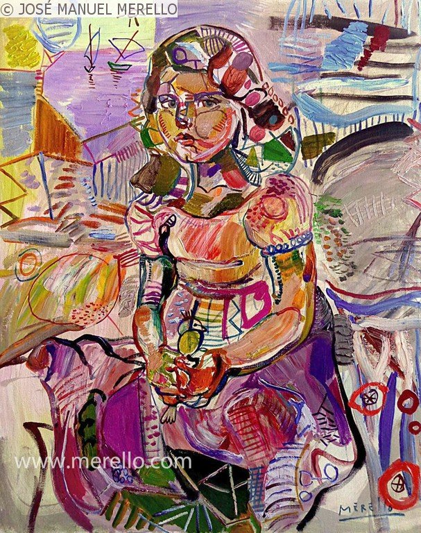 ART CONTEMPORAIN. Jos Manuel Merello.- "Girl with sparrow" (100 x 81 cm). Mix media sur toile
