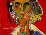 ART_CONTEMPORAIN.ARTISTES_CONTEMPORAINES_PEINTRES._Merello.-Figura_sobre_fondo_rojo_(73_x_54_cm)_Mix_media_on_wood.